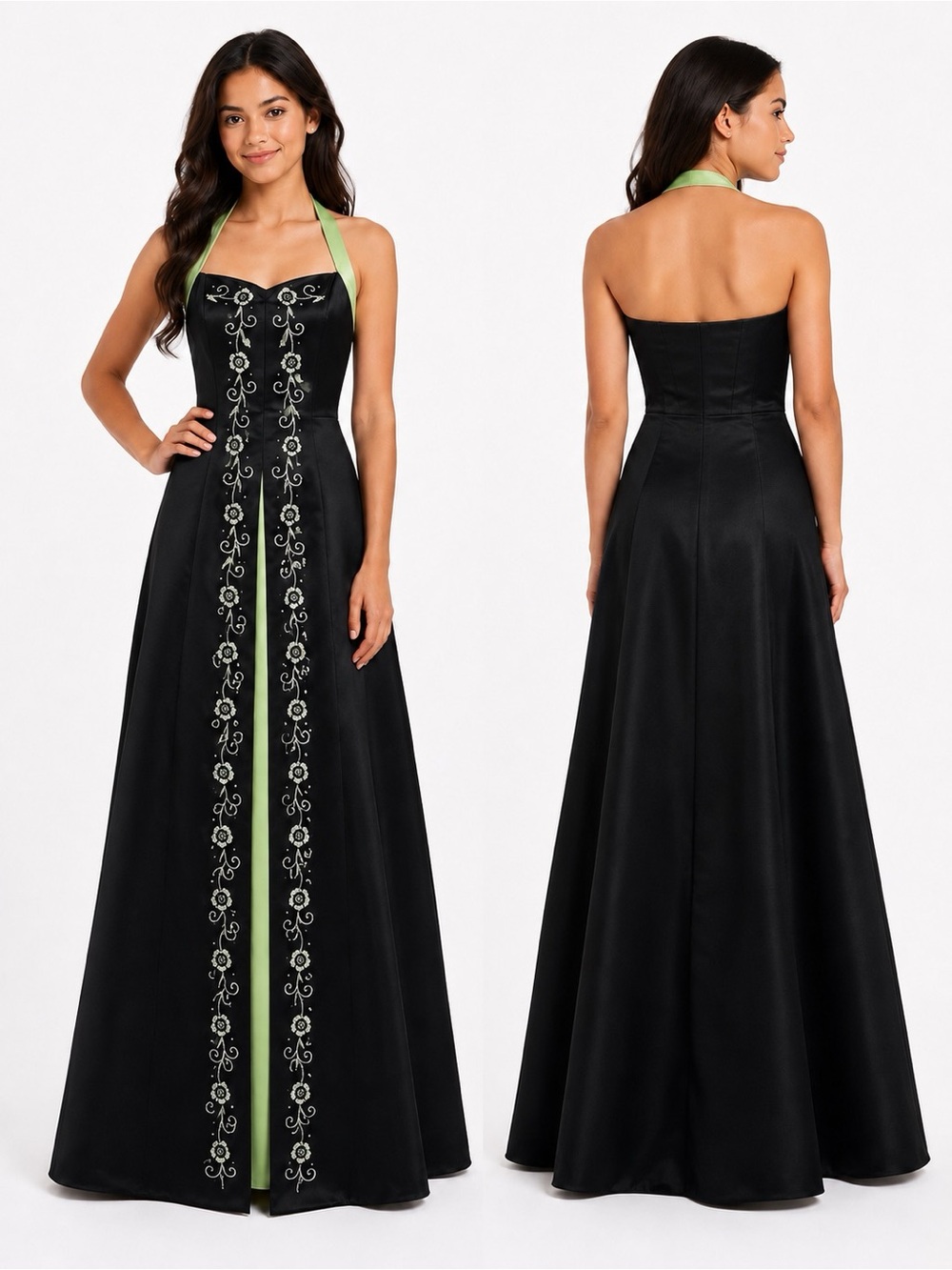 Juniors size 5 black halter style gown with green detailing by Debut